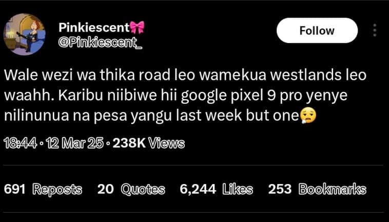 Pinkiescent pfnkiescenit _ follow wale wezi wa thika road leo wamekua westlands