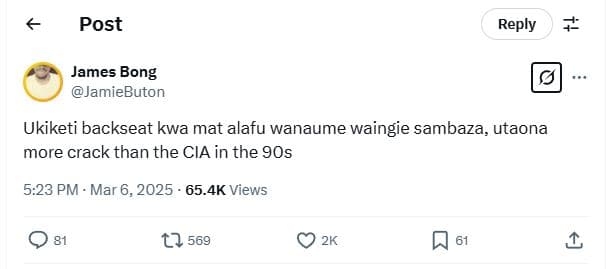 Post reply james bong jamiebuton ukiketi backseat kwa mat alafu wanaume waingie