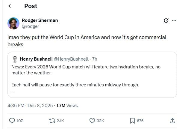 Post rodger sherman rodger imao they put the world cup in america and now it's g