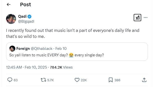 Post qadi bigqadi i recently found out that music isn'ta part of everyone's dail