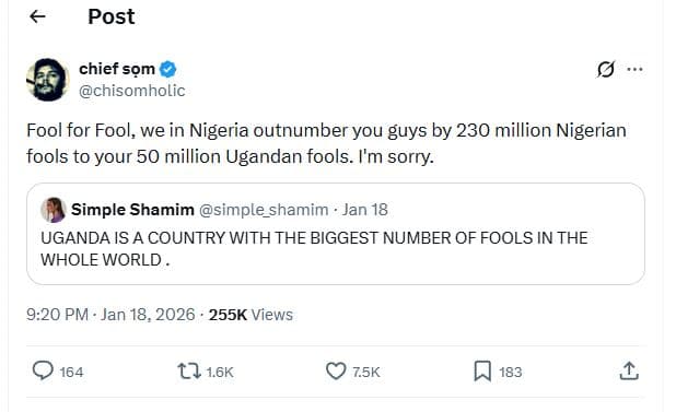 Post chief som chisomholic fool for fool, we in nigeria outnumber you guys by 23