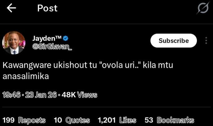 Post jayden'm sirglavan subscribe kawangware ukishout tu ovola uri. kila mtu ana