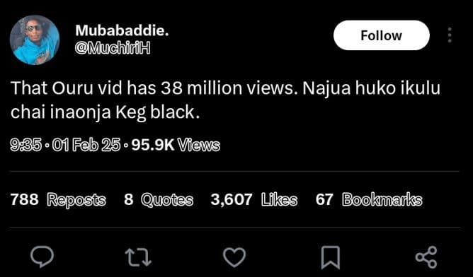 Mubabaddie. muchirih follow that ouru vid has 38 million views. najua huko ikulu