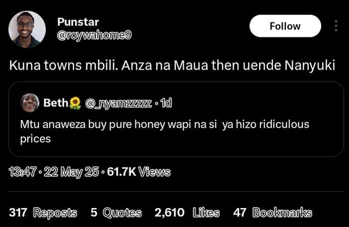 Punstar mahomeg follow kuna towns mbili. anza na maua then uende nanyuki beth 1d