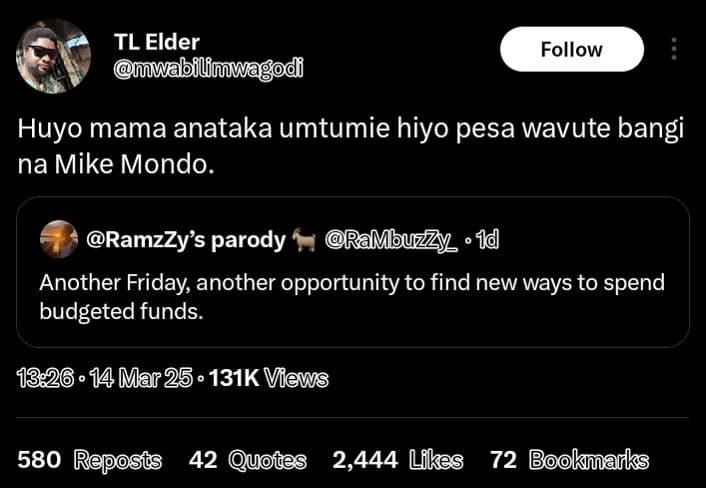 Tl elder mwa bilimwa d follow huyo mama anataka umtumie hiyo pesa wavute bangi n