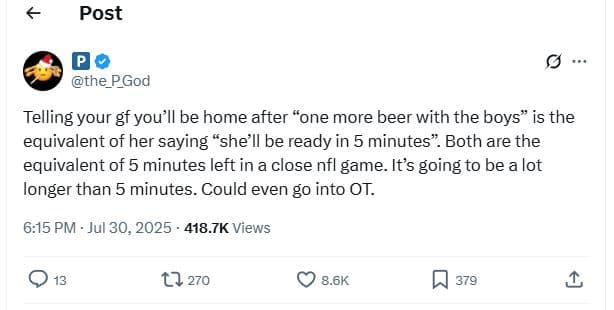 Post the_pgod telling your gf you'll be home after one more beer with the boys i