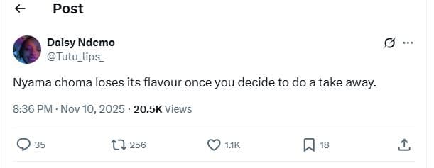 Post daisy ndemo tutu_lips_ nyama choma loses its flavour once you decide to do