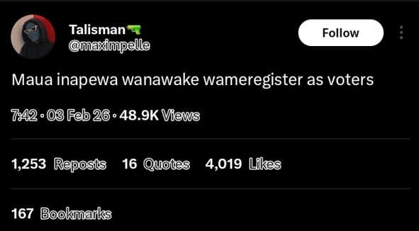 Talisman aimpelle follow maua inapewa wanawake wameregister as voters 08 feb 28