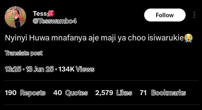 Tess ftesswambo4 follow nyinyi huwa mnafanya aje maji ya choo isiwarukie ttansla
