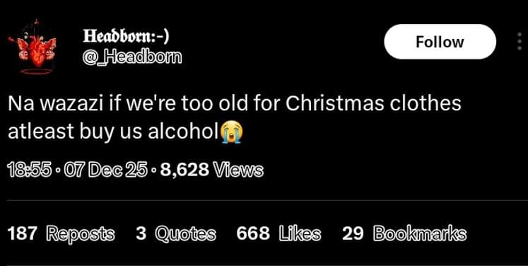 Heabborn headbom follow na wazazi if we're too old for christmas clothes atleast