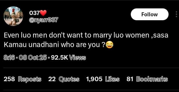 037 nyan087 follow even luo men don't want to marry luo women sasa kamau unadhan