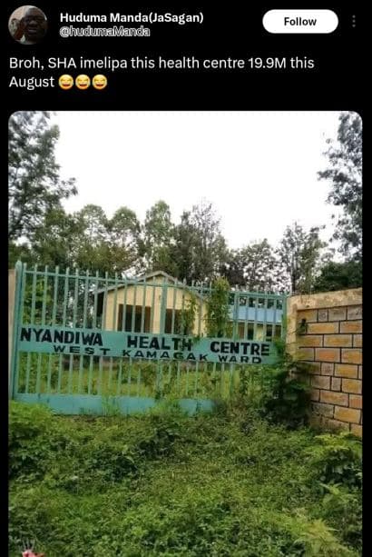 Huduma mandajasagan hudumamanda follow broh, sha imelipa this health centre 19.9
