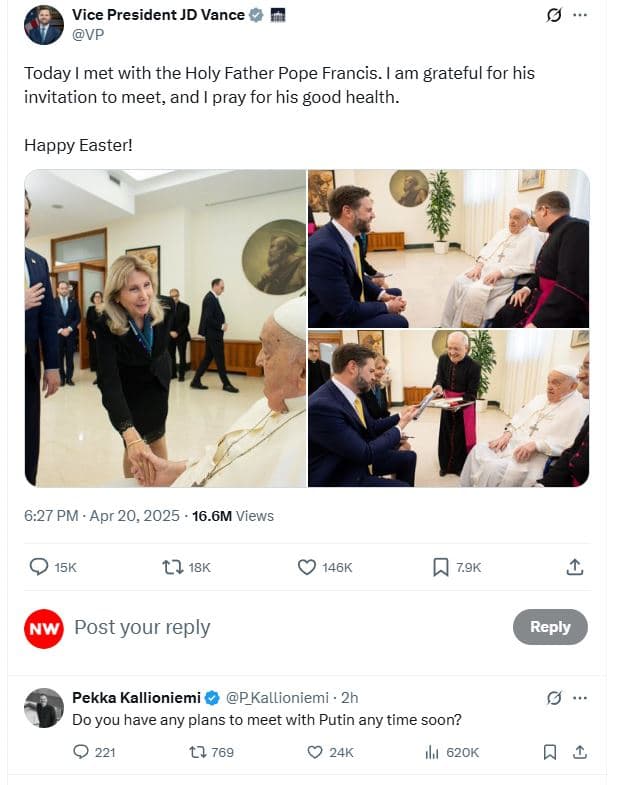 Vice president jd vance vp today met with the holy father pope francis . am grat