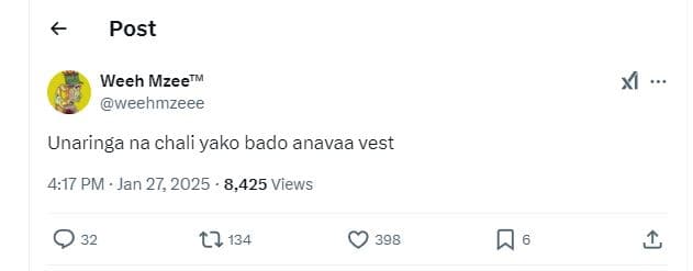 Post weeh mzeetm weehmzeee xi unaringa na chali yako bado anavaa vest 417 pm jan