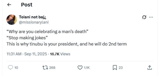 Post tolani not baji missionarylani why are you celebrating man's death stop mak