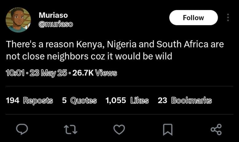 Muriaso mmurfaso follow there's a reason kenya, nigeria and south africa are not