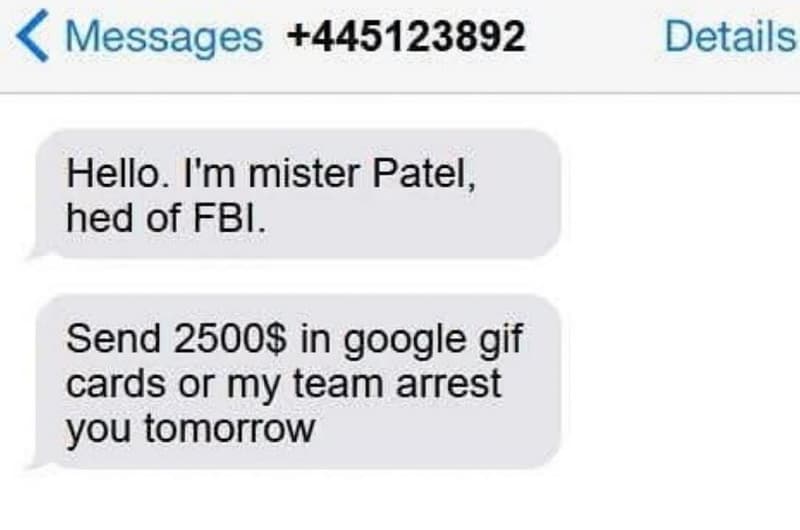 Messages details hello_ i'm mister patel , hed of fbi send 2500s in google gif c