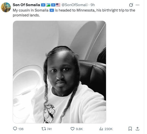 Son of somalia sonofsomali . 9h my cousin in somalia is headed to minnesota, his
