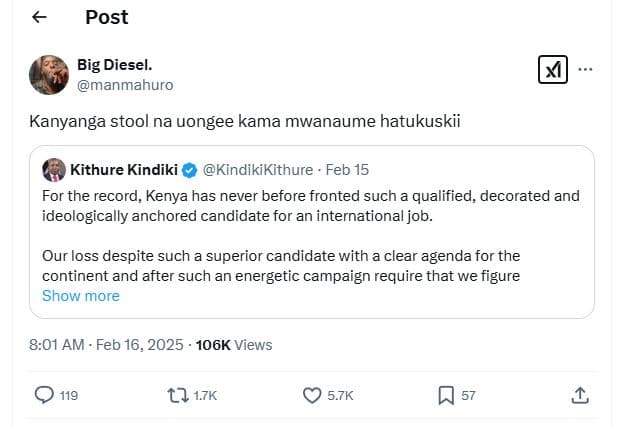 Post big diesel. manmahuro kanyanga stool na uongee kama mwanaume hatukuskii kit