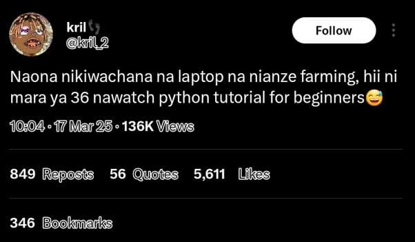 Kril kil 2 follow naona nikiwachana na laptop na nianze farming hii ni mara ya 3