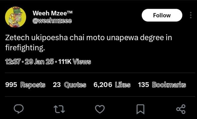 Weeh mzeetm weehlzeee follow zetech ukipoesha chai moto unapewa degree in firefi