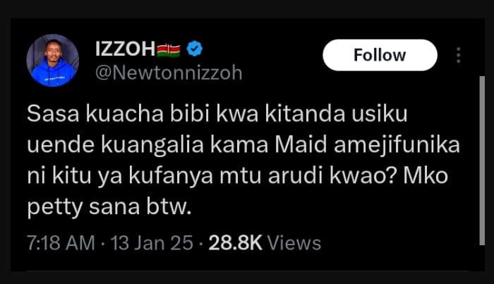 Izzoh newtonnizzoh follow sasa kuacha bibi kwa kitanda usiku uende kuangalia kam