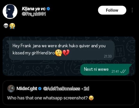 Kijana ya vc frnk00 follow hey frank jana we were drunk huko quiver andyou 722 k