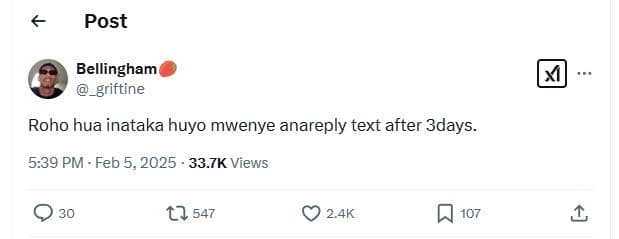 Post bellingham griftine roho hua inataka huyo mwenye anareply text after 3days.