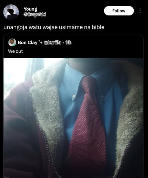 Young brayohki follow unangoja watu wajae usimame na bible bon clay kurfia . 1hh