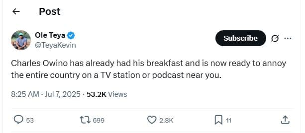 Post ole teya teyakevin subscribe charles owino has already had his breakfast an
