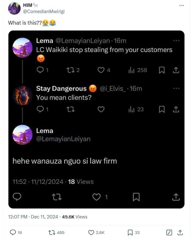 Him comedianmwirigi what is this?? 2 lema lemayianleiyan 16m lc waikiki stop ste