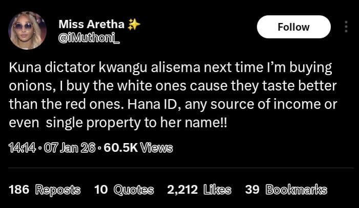 Miss aretha mudhoni follow kuna dictator kwangu alisema next time l'm buying oni