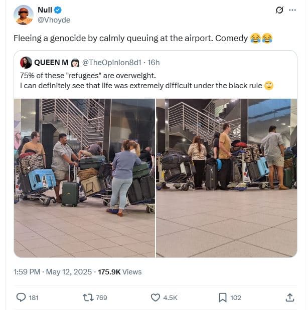 Null vhoyde fleeing genocide by calmly queuing at the airport. comedy queen m th