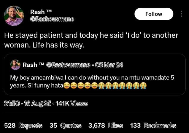 Rash tm rashousmane follow he stayed patient and today he said 'do' to another w