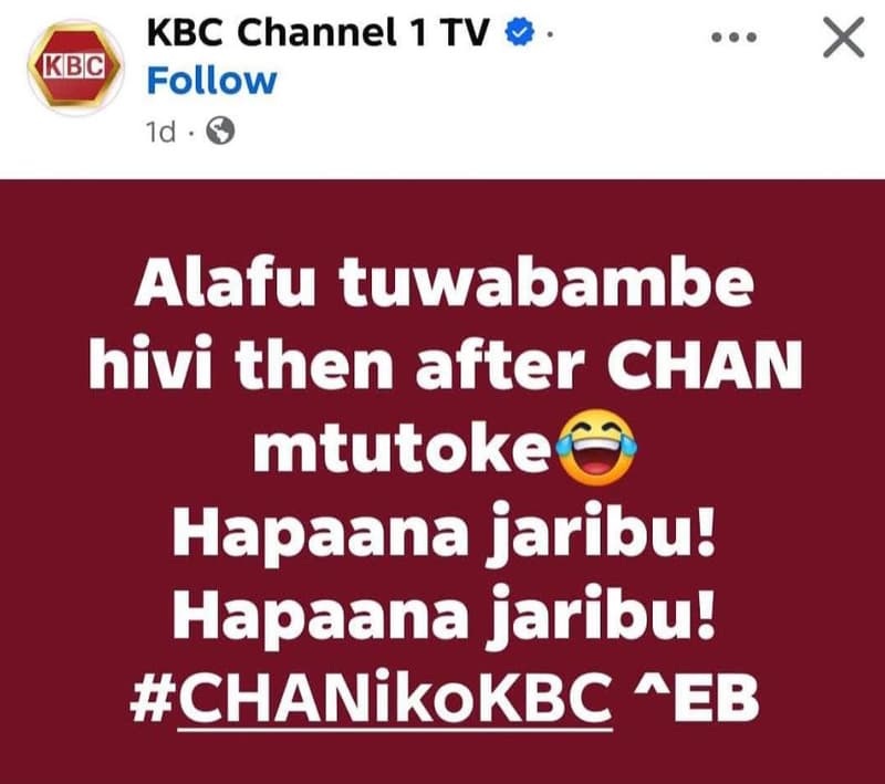 Kbc channel 1 tv kbc follow id alafu tuwabambe hivi then after chan mtutoke hapa