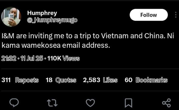 Humphrey humphneymuge follow im are inviting me to a trip to vietnam and china.