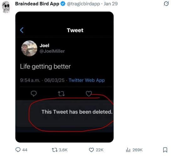 Braindead bird app tragicbirdapp jan 29 tweet joel joelmiller life getting bette