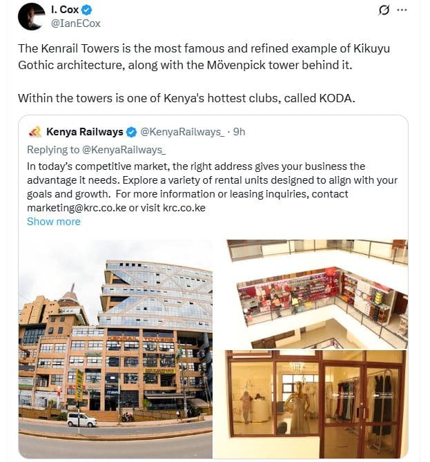 Cox ianecox the kenrail towers is the most famous and refined example of kikuyu