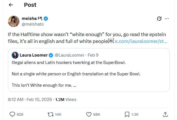 Post meisha 56 meishato if the halftime show wasn't white enough for you g0 read