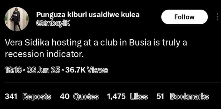 Punguza kiburi usaidiwe kulea imbayik follow vera sidika hosting at a club in bu