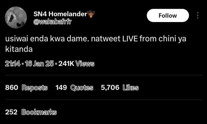 Sn4 homelander wakabafrfr follow usiwai enda kwa dame. natweet live from chini y