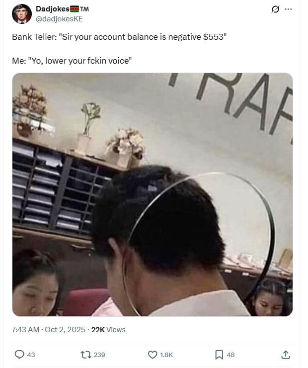 Dadjokest pdadjokeske bank teller sir your account balance is negative 553 me yo