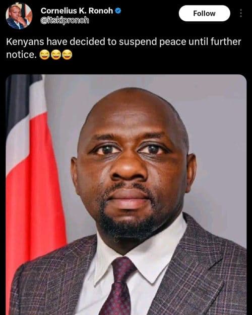 Cornelius k. ronoh cskipronoh follow kenyans have decided to suspend peace until
