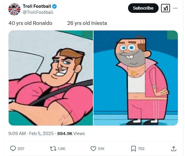 Troll football trollfootball subscribe 40 yrs old ronaldo 26 yrs old iniesta 9.0