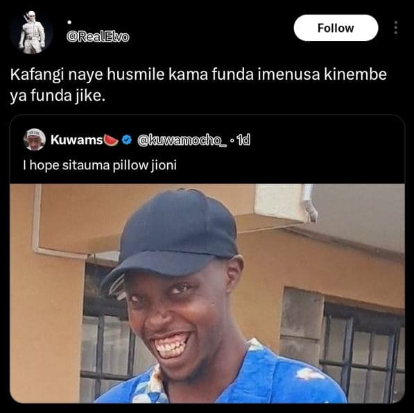 Follow realelvo kafangi naye husmile kama funda imenusa kinembe ya funda jike. k