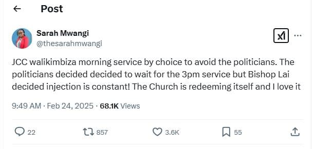 Post sarah mwangi thesarahmwangi jcc walikimbiza morning service by choice to av