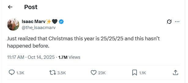 Post isaac marv the_isaacmarv just realized that christmas this year is 252525 a