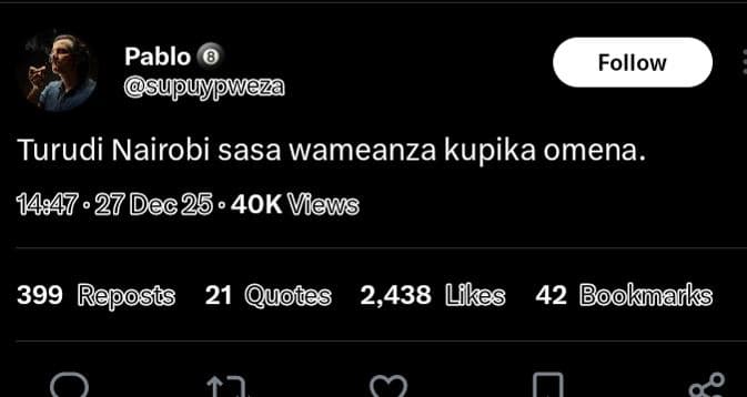 Pablo supuypweza follow turudi nairobi sasa wameanza kupika omena. 14,47 . 27dec