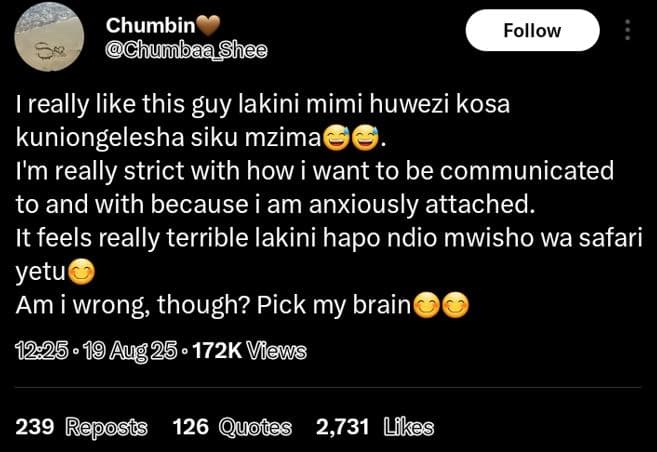 Chumbin chumbaa shee follow really like this guy lakini mimi huwezi kosa kuniong