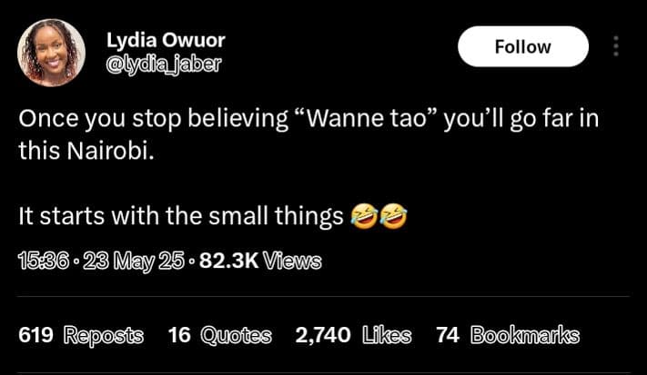 Lydia owuor jaber follow once you stop believing wanne tao you'll g0 far in this